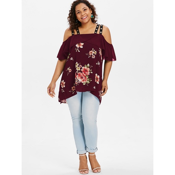 Plus Size Ruffle Floral High Low Blouse - Red Wine - Picture 5 of 8